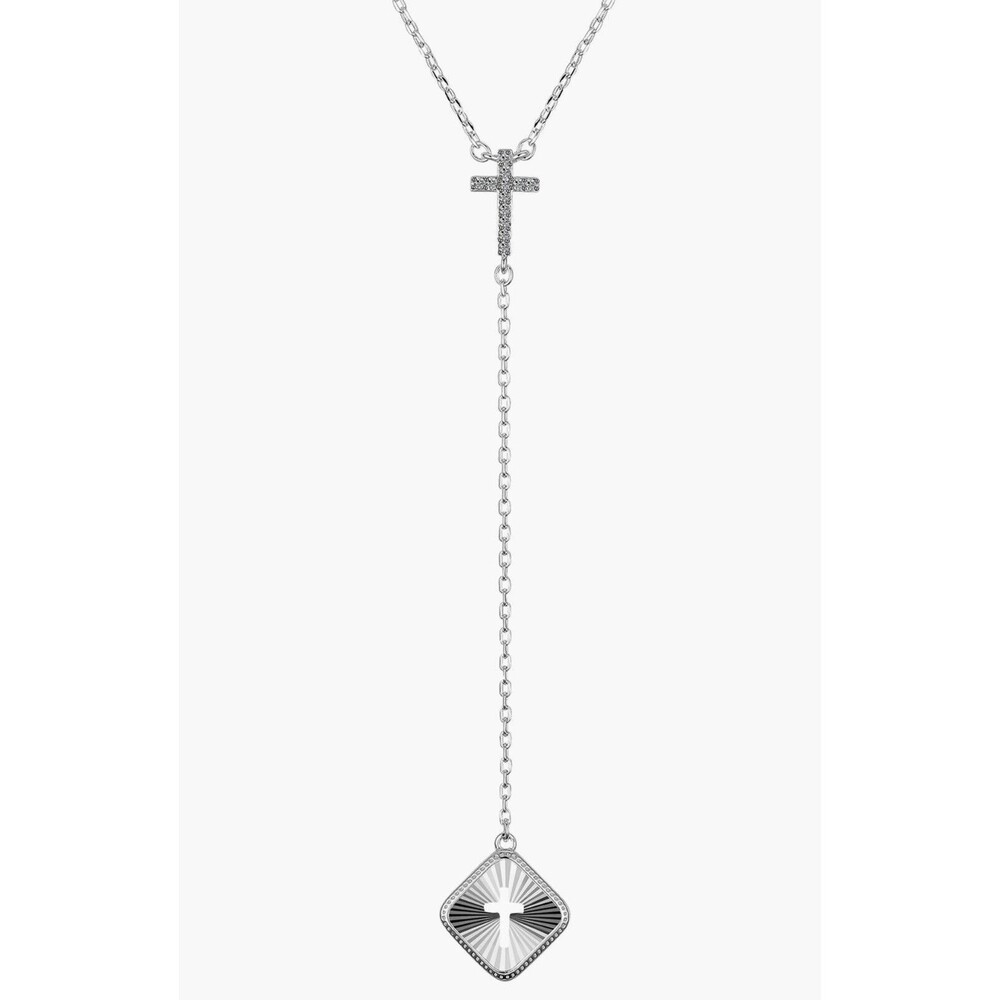LA Rocks Cross Cubic Zirconia Pendant Y-Necklace Silver Tone Plate 16” New in BX